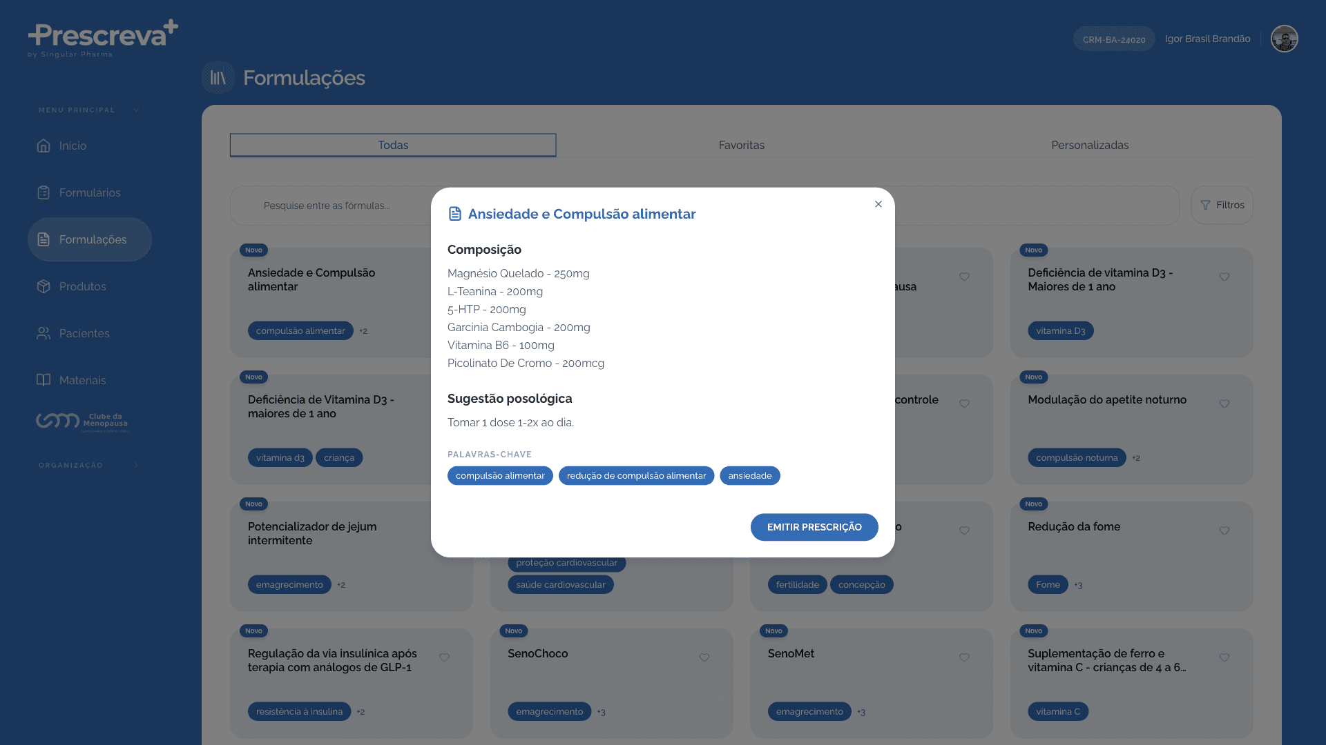 Modal de detalhe de uma formulação: composição, sugestão posológica e palavras-chave clínicas