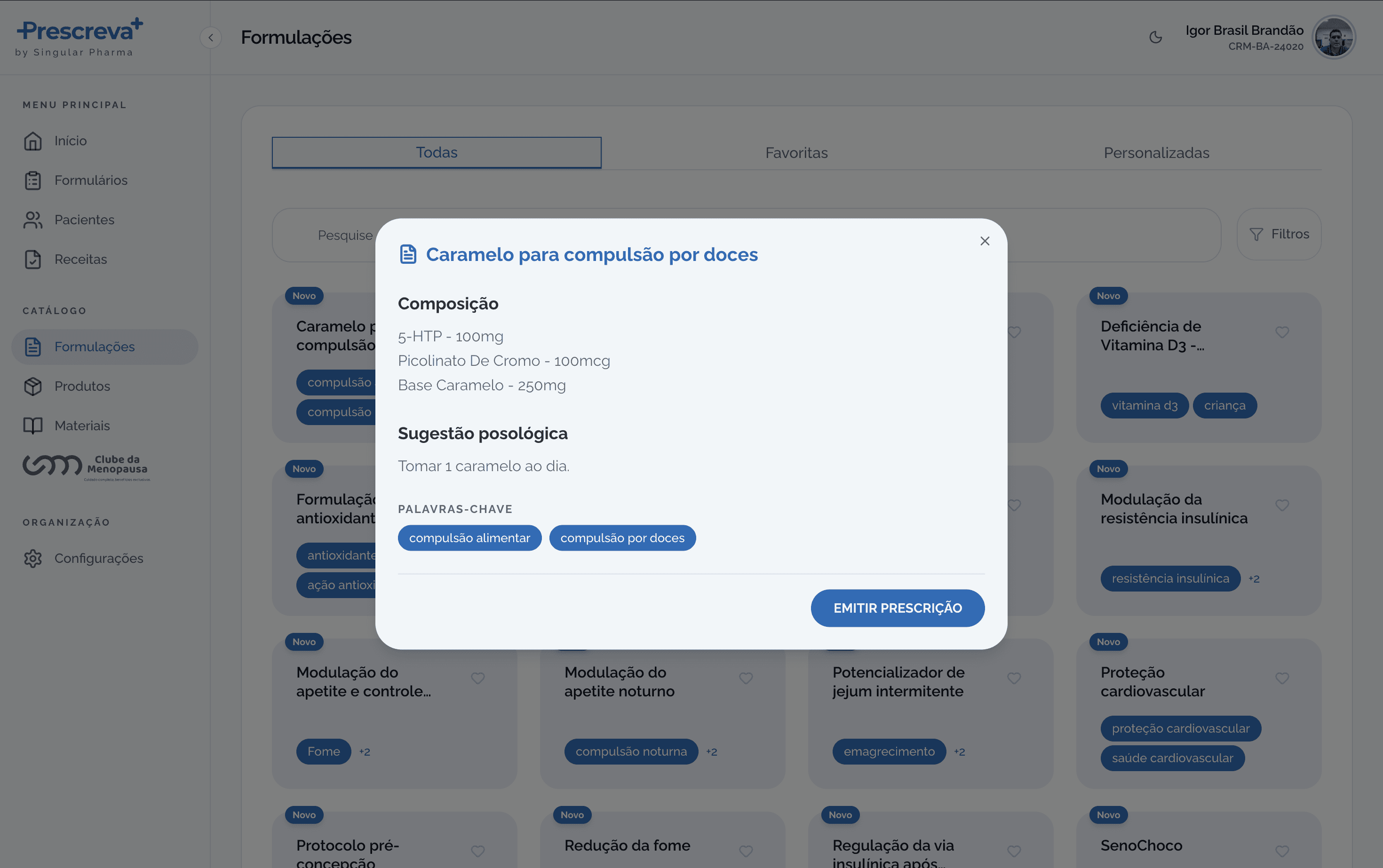 Modal de detalhe de uma formulação: composição, sugestão posológica e palavras-chave clínicas